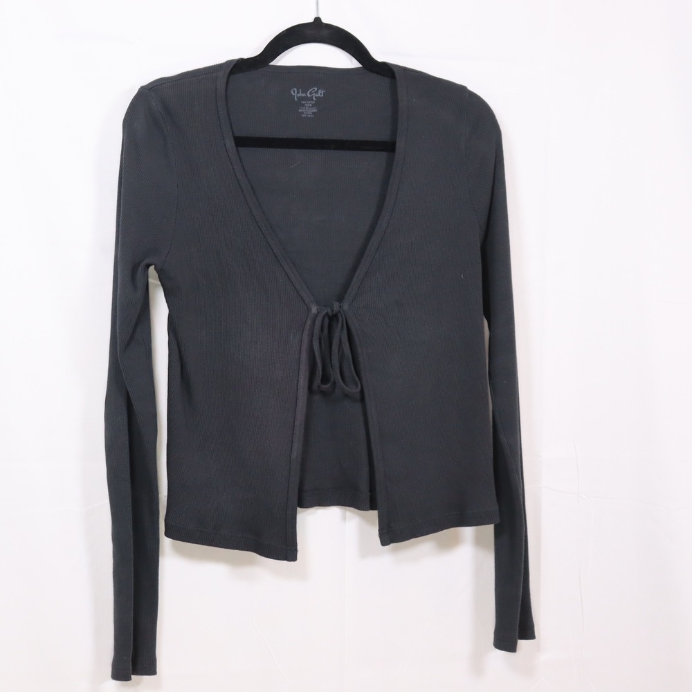 John Galt Tie Front Cardigan OS Black‎ Womens Ribbed Long Sleeve Shrug
